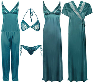 Teal / One Size 6 Piece Satin Nightwear Set with Lingeries The Orange Tags