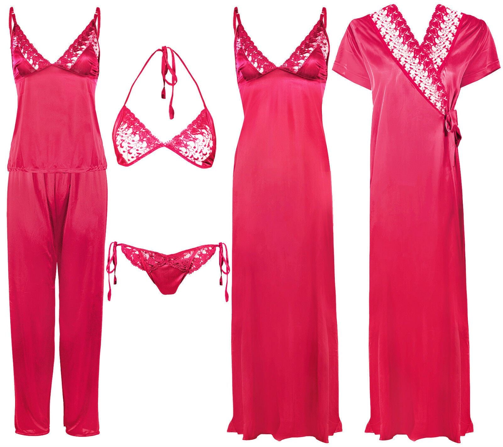 Fuchsia / One Size 6 Piece Satin Nightwear Set with Lingeries The Orange Tags