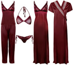 Charger l&#39;image dans la galerie, Deep Red / One Size 6 Piece Satin Nightwear Set with Lingeries The Orange Tags
