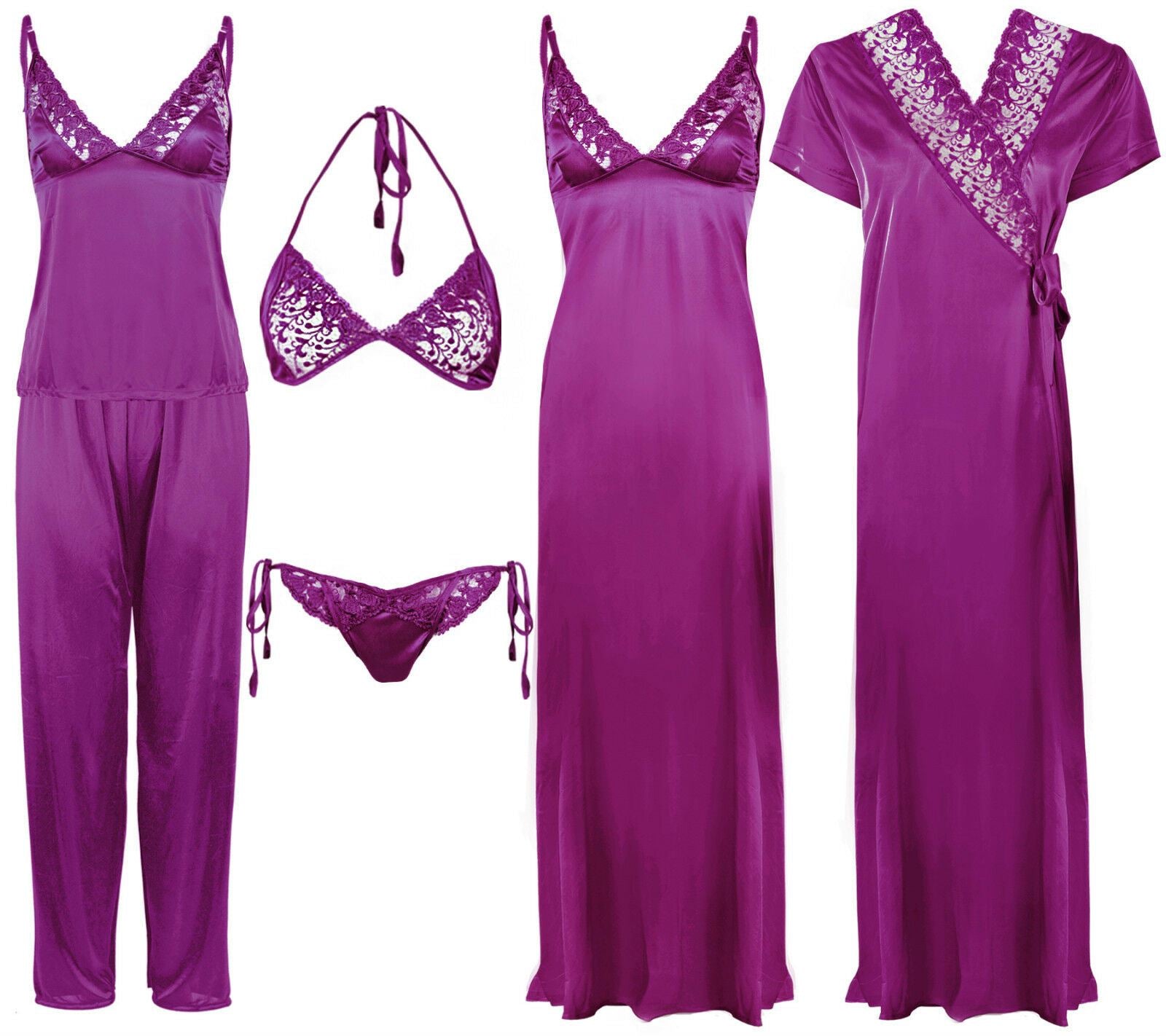 Purple / One Size 6 Piece Satin Nightwear Set with Lingeries The Orange Tags