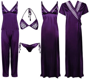 Dark Purple / One Size 6 Piece Satin Nightwear Set with Lingeries The Orange Tags