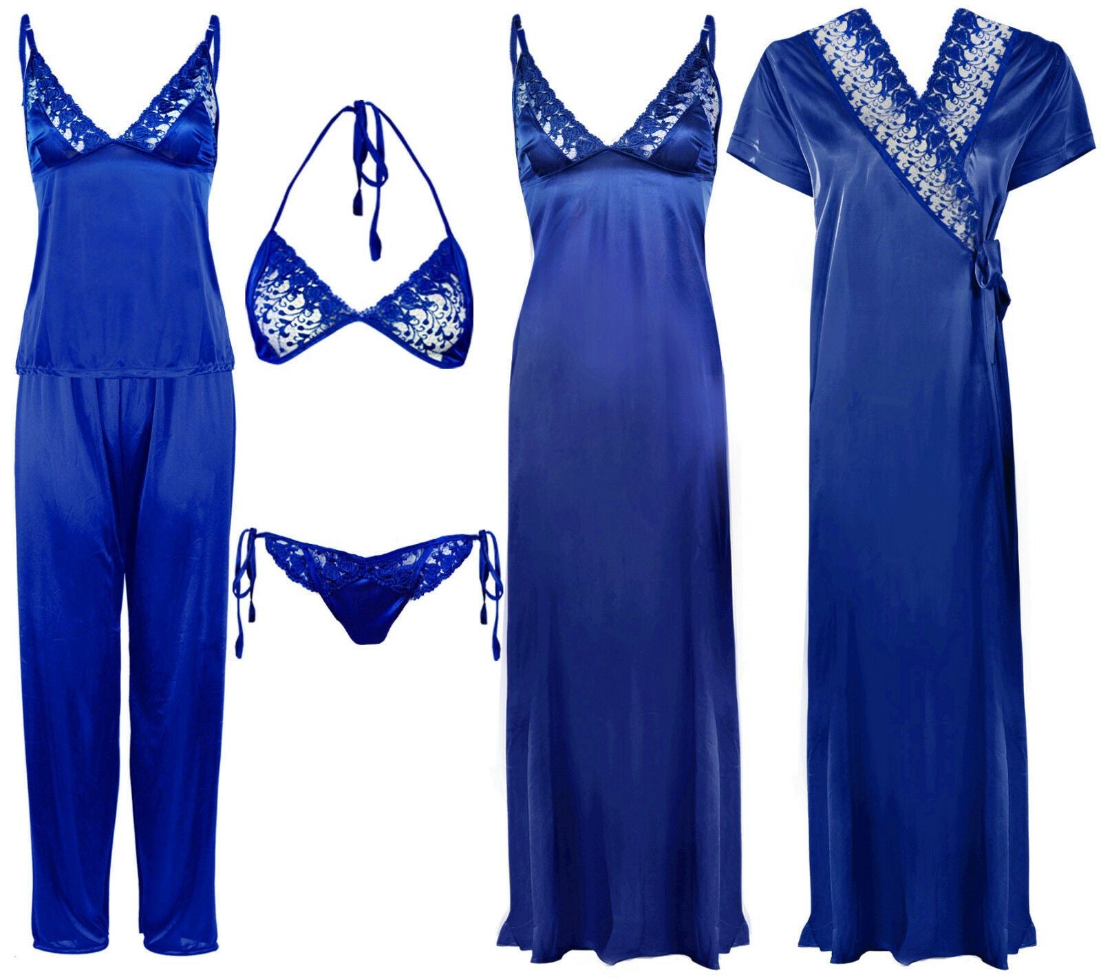 Royal Blue / One Size 6 Piece Satin Nightwear Set with Lingeries The Orange Tags