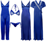 Charger l&#39;image dans la galerie, Royal Blue / One Size 6 Piece Satin Nightwear Set with Lingeries The Orange Tags
