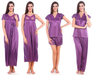 Purple 3 / One Size 6 Piece Satin Nightwear Set with Lingeries The Orange Tags