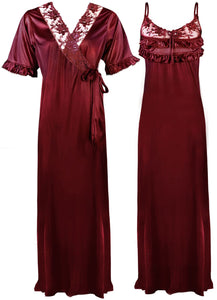 Deep Red / One Size Satin Nighty And Robe 2 Pcs Nightdress The Orange Tags