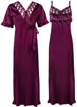 Charger l&#39;image dans la galerie, Dark Wine / One Size Satin Nighty And Robe 2 Pcs Nightdress The Orange Tags
