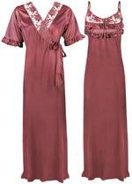 Afbeelding in Gallery-weergave laden, Rosewood / One Size Satin Nighty And Robe 2 Pcs Nightdress The Orange Tags
