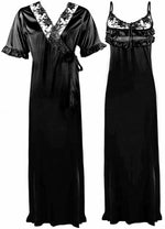 Load image into Gallery viewer, Black / One Size Satin Nighty And Robe 2 Pcs Nightdress The Orange Tags
