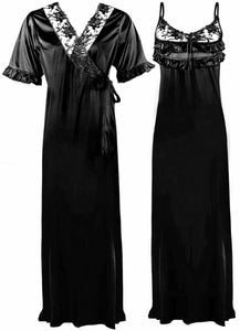 Black / One Size Satin Nighty And Robe 2 Pcs Nightdress The Orange Tags