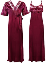 Charger l&#39;image dans la galerie, Wine / One Size Satin Nighty And Robe 2 Pcs Nightdress The Orange Tags
