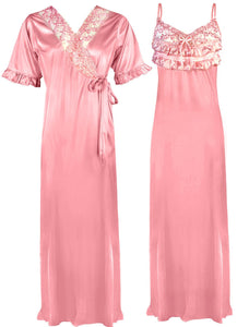 Baby Pink / One Size Satin Nighty And Robe 2 Pcs Nightdress The Orange Tags
