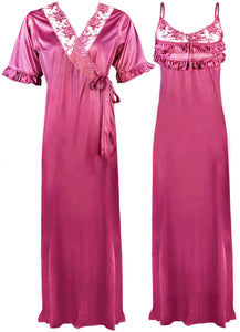 Rose Pink / One Size Satin Nighty And Robe 2 Pcs Nightdress The Orange Tags