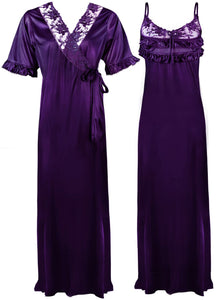 Purple / One Size Satin Nighty And Robe 2 Pcs Nightdress The Orange Tags