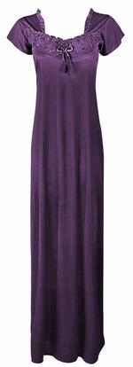 Charger l&#39;image dans la galerie, Light Purple / XL Luxury Ruffle Neck Short Sleeve Satin Long Nighty The Orange Tags
