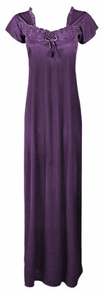 Load image into Gallery viewer, Purple / 3XL Luxury Ruffle Neck Short Sleeve Satin Long Nighty The Orange Tags
