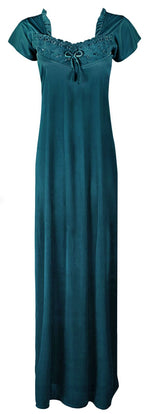 Charger l&#39;image dans la galerie, Teal / L Luxury Ruffle Neck Short Sleeve Satin Long Nighty The Orange Tags
