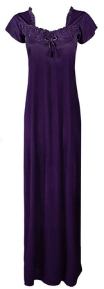 Load image into Gallery viewer, Dark Purple / L Luxury Ruffle Neck Short Sleeve Satin Long Nighty The Orange Tags
