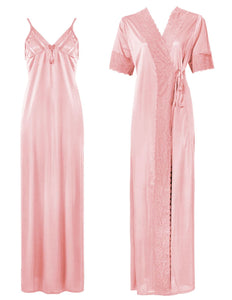 Baby Pink / One Size: Regular (8-14) Satin Strappy Long Nighty With Dressing Gown / Robe The Orange Tags