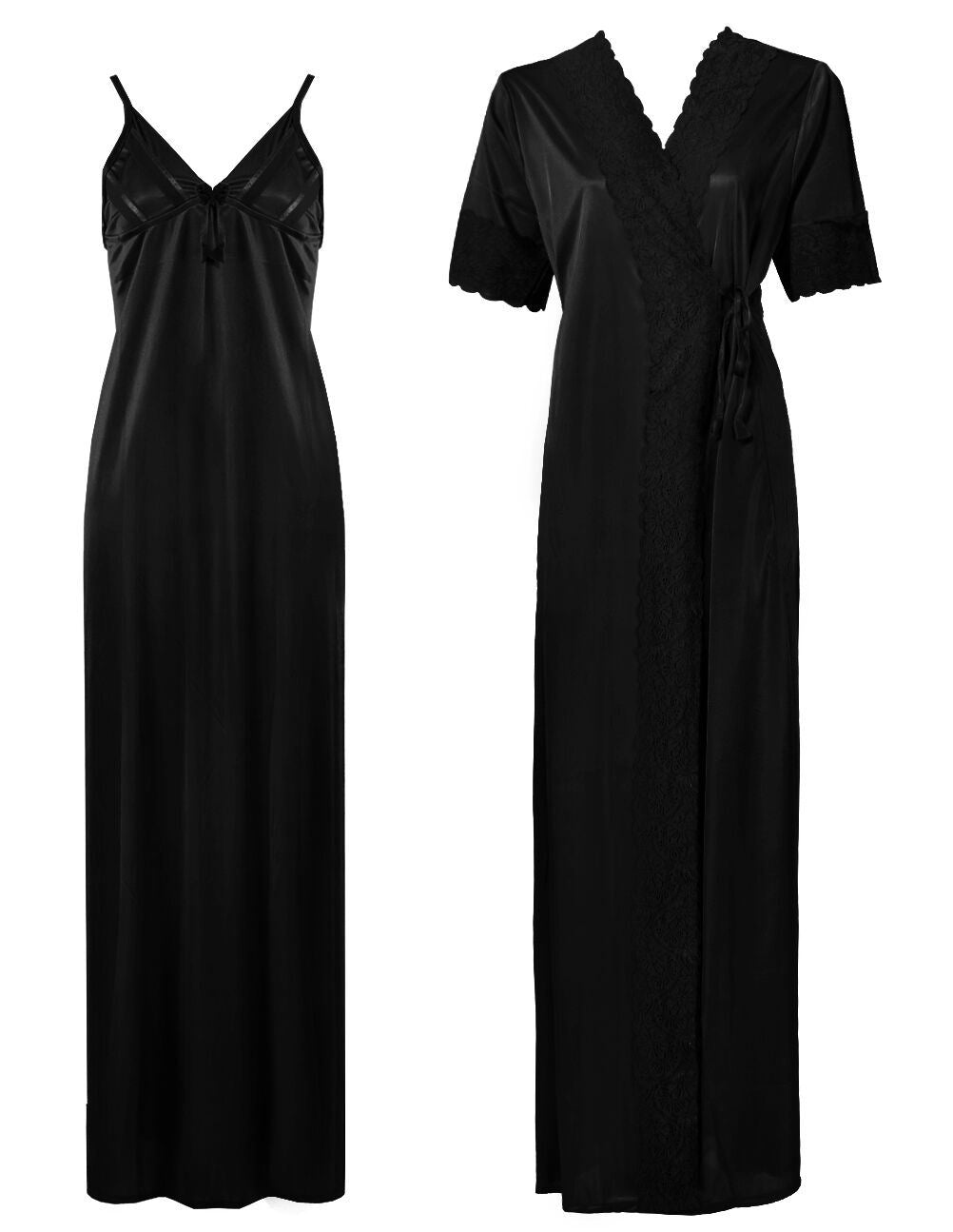 Black / One Size: Regular (8-14) Satin Strappy Long Nighty With Dressing Gown / Robe The Orange Tags