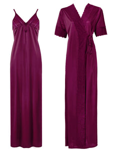 Purple / One Size: Regular (8-14) Satin Strappy Long Nighty With Dressing Gown / Robe The Orange Tags