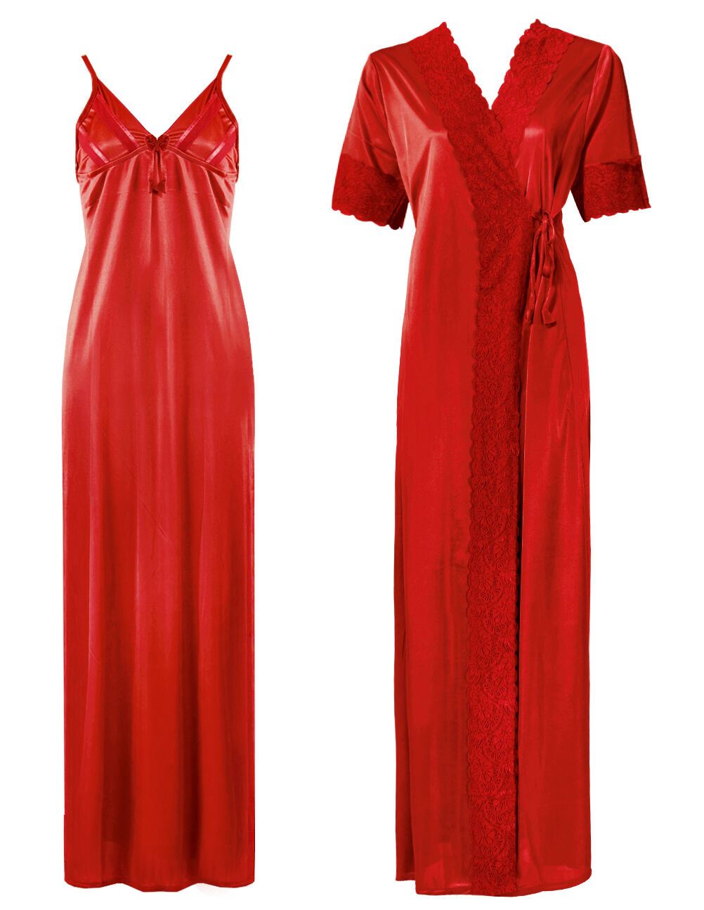Red / One Size: Regular (8-14) Satin Strappy Long Nighty With Dressing Gown / Robe The Orange Tags
