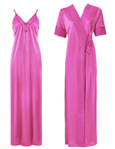 Rose Pink / One Size: Regular (8-14) Satin Strappy Long Nighty With Dressing Gown / Robe The Orange Tags