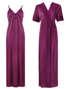 Wine / One Size: Regular (8-14) Satin Strappy Long Nighty With Dressing Gown / Robe The Orange Tags