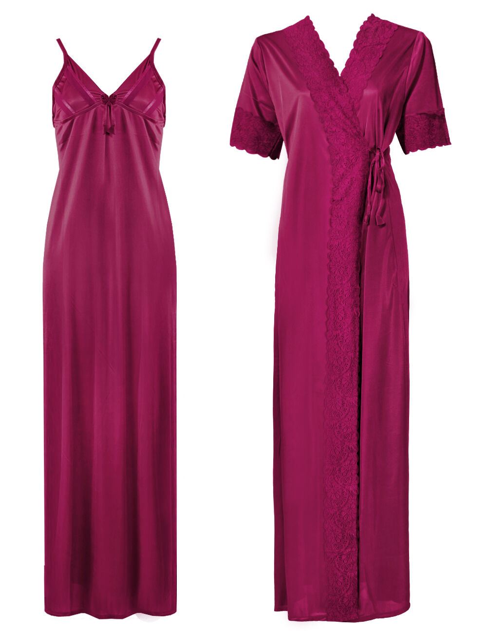 Cerise / One Size: Regular (8-14) Satin Strappy Long Nighty With Dressing Gown / Robe The Orange Tags