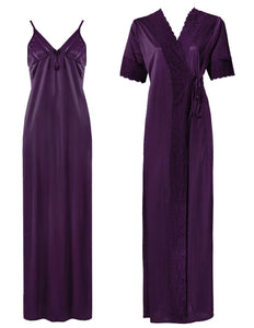 Dark Purple / One Size: Regular (8-14) Satin Strappy Long Nighty With Dressing Gown / Robe The Orange Tags