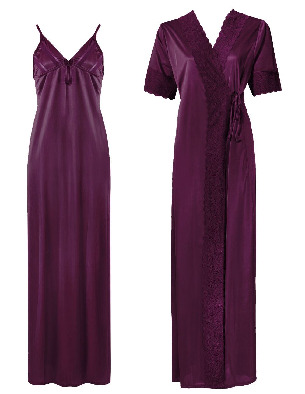 Dark Purple 1 / One Size: Regular (8-14) Satin Strappy Long Nighty With Dressing Gown / Robe The Orange Tags
