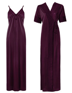 Dark Wine / One Size: Regular (8-14) Satin Strappy Long Nighty With Dressing Gown / Robe The Orange Tags