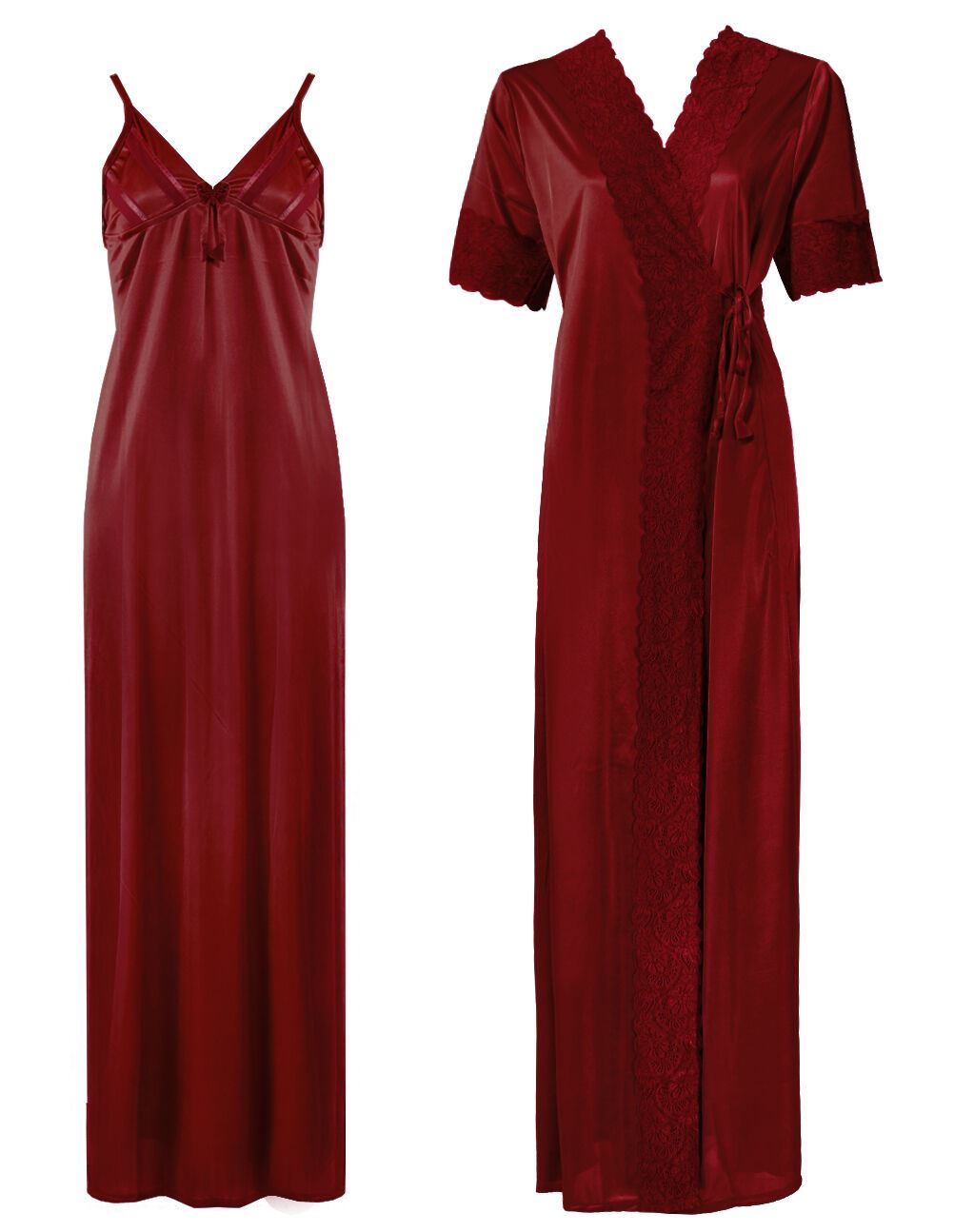 Deep Red / One Size: Regular (8-14) Satin Strappy Long Nighty With Dressing Gown / Robe The Orange Tags