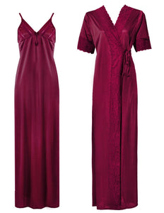 Fuchsia / One Size: Regular (8-14) Satin Strappy Long Nighty With Dressing Gown / Robe The Orange Tags