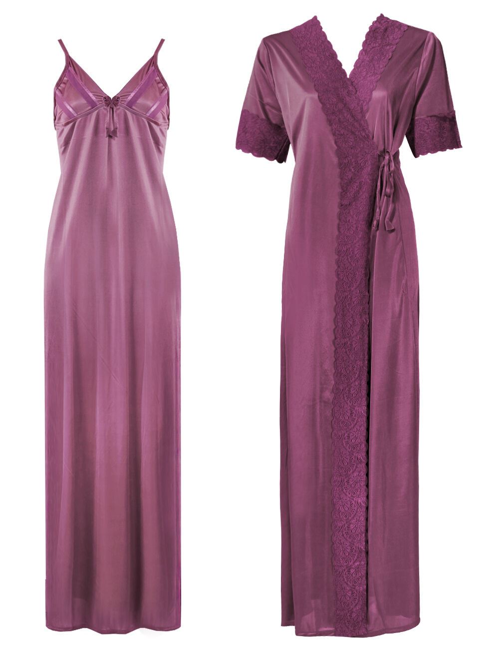 Light Purple / One Size: Regular (8-14) Satin Strappy Long Nighty With Dressing Gown / Robe The Orange Tags