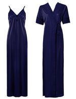 Charger l&#39;image dans la galerie, Navy / One Size: Regular (8-14) Satin Strappy Long Nighty With Dressing Gown / Robe The Orange Tags
