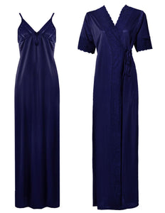 Navy / One Size: Regular (8-14) Satin Strappy Long Nighty With Dressing Gown / Robe The Orange Tags