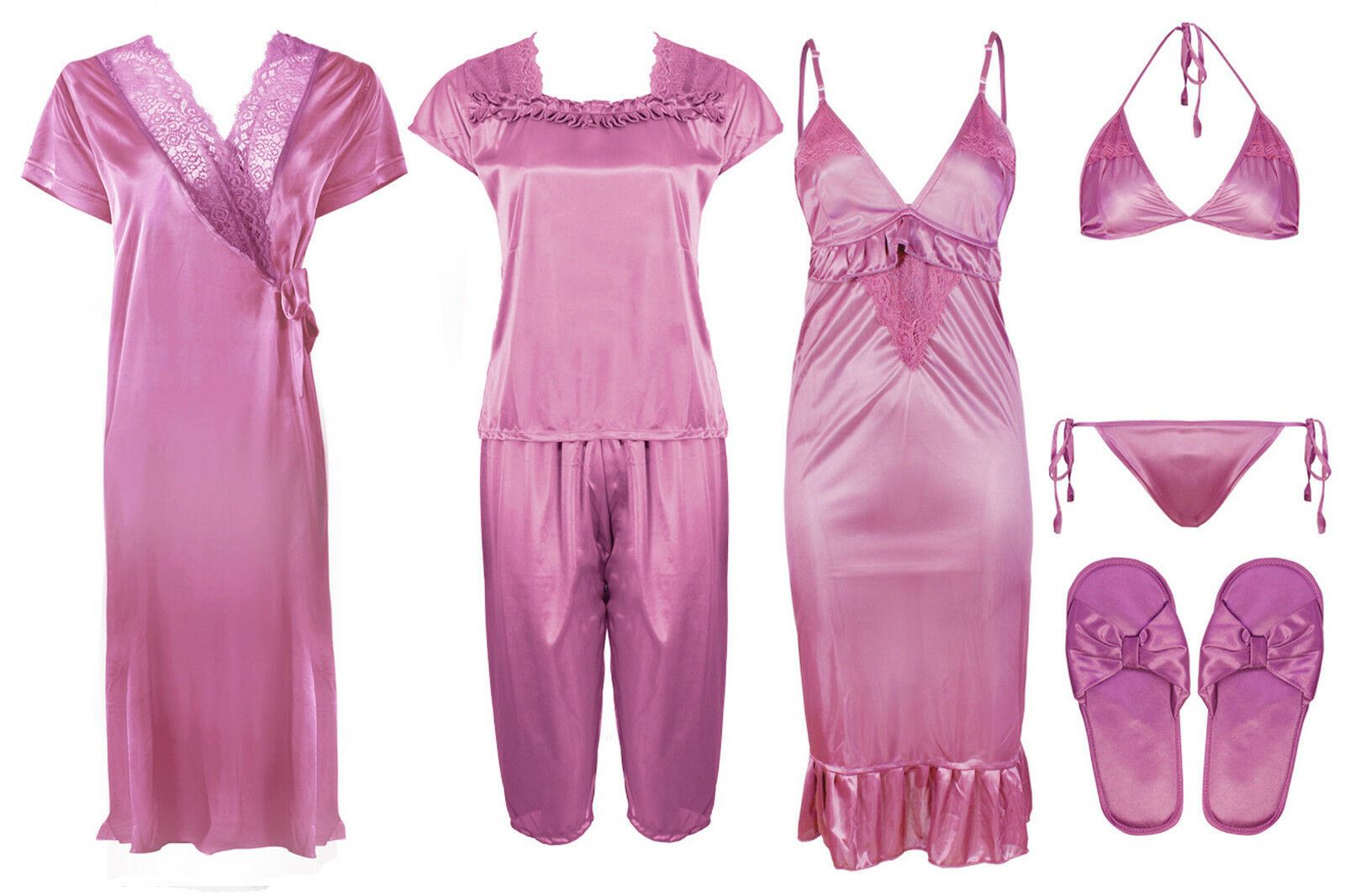 Rose Pink 1 / One Size Ladies Satin Nightwear Set / Pyjama Set The Orange Tags