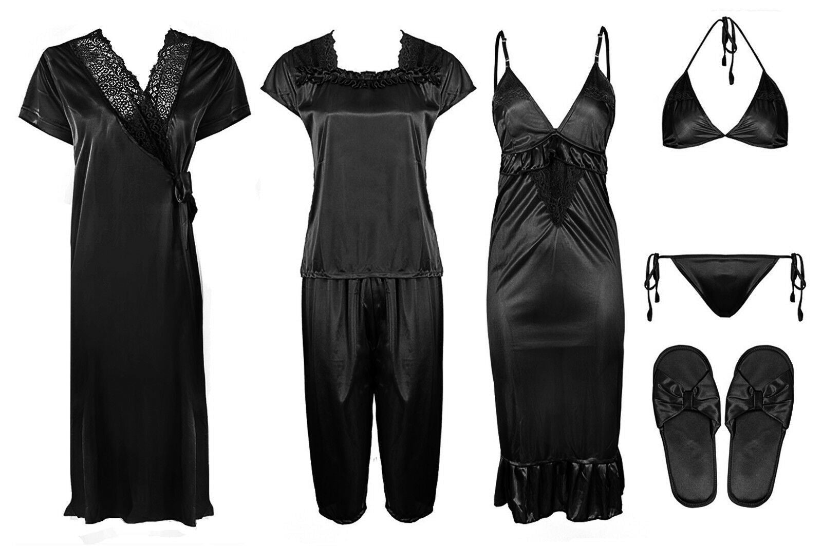 Black 1 / One Size Ladies Satin Nightwear Set / Pyjama Set The Orange Tags