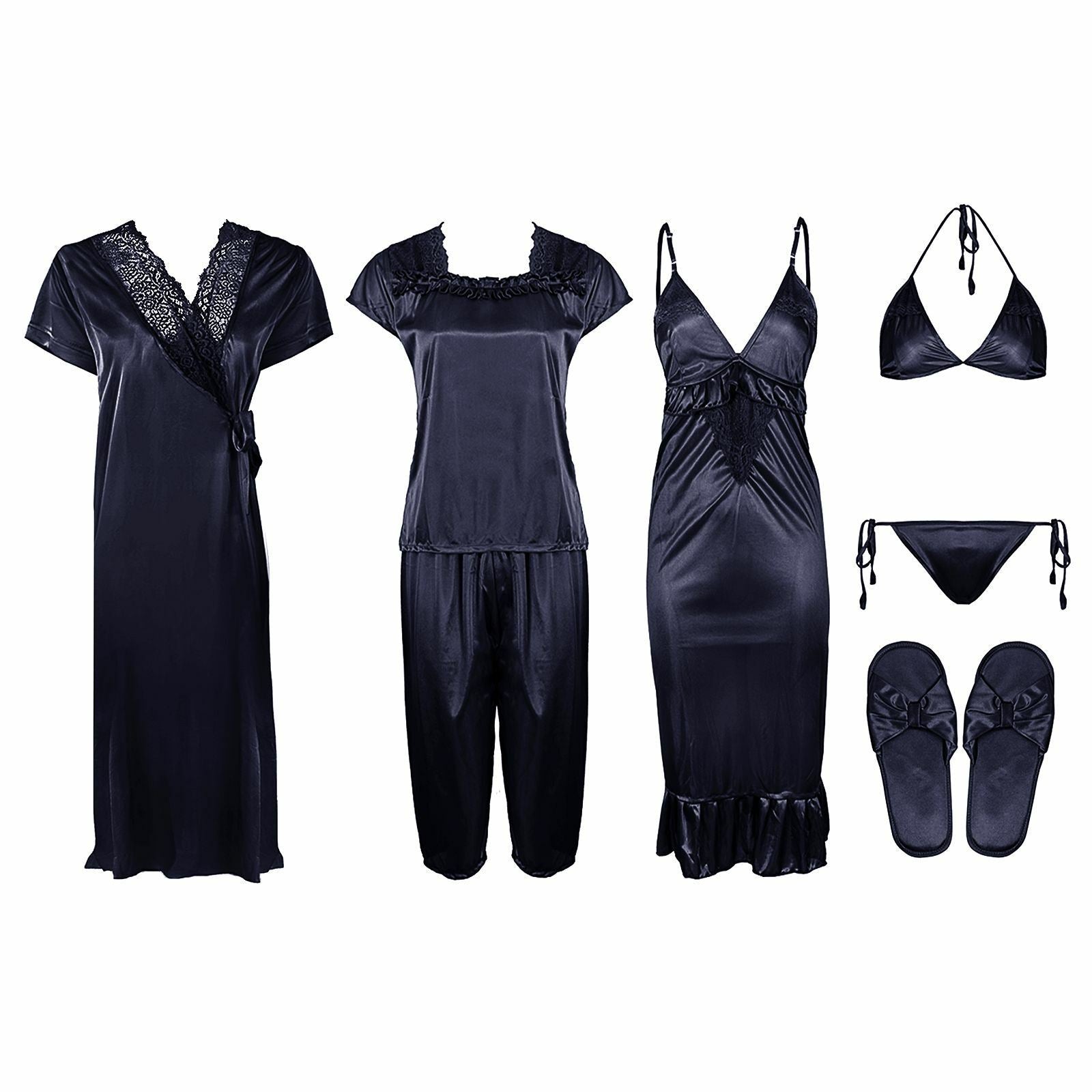 Navy 1 / One Size Ladies Satin Nightwear Set / Pyjama Set The Orange Tags