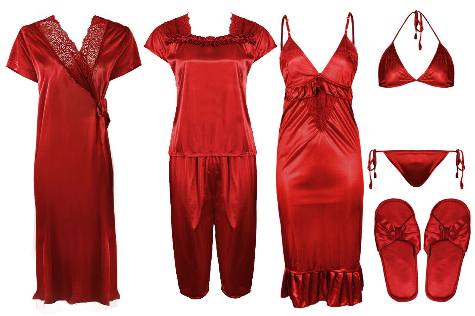 Red 1 / One Size Ladies Satin Nightwear Set / Pyjama Set The Orange Tags
