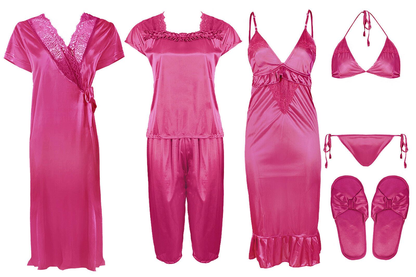 Hot Pink 1 / One Size Ladies Satin Nightwear Set / Pyjama Set The Orange Tags