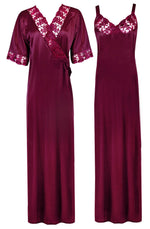 Charger l&#39;image dans la galerie, Dark Wine / XL Woman&#39;s Satin Nighty With Robe 2 Pcs Set The Orange Tags
