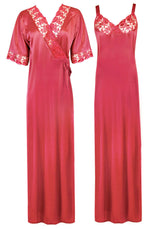 Afbeelding in Gallery-weergave laden, Coral Pink / XL Woman&#39;s Satin Nighty With Robe 2 Pcs Set The Orange Tags
