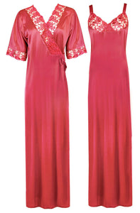 Coral Pink / XL Woman's Satin Nighty With Robe 2 Pcs Set The Orange Tags