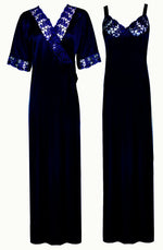 Charger l&#39;image dans la galerie, Navy / XL Woman&#39;s Satin Nighty With Robe 2 Pcs Set The Orange Tags
