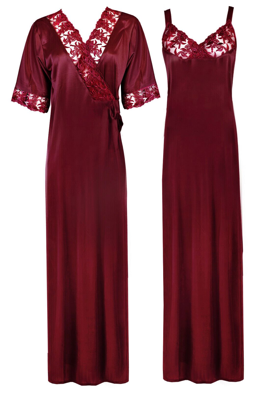Deep Red / XL Woman's Satin Nighty With Robe 2 Pcs Set The Orange Tags