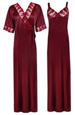 Charger l&#39;image dans la galerie, Deep Red / XL Woman&#39;s Satin Nighty With Robe 2 Pcs Set The Orange Tags
