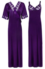 Načíst obrázek do prohlížeče Galerie, Dark Purple / XL Woman&#39;s Satin Nighty With Robe 2 Pcs Set The Orange Tags
