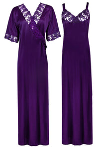 Dark Purple / XL Woman's Satin Nighty With Robe 2 Pcs Set The Orange Tags