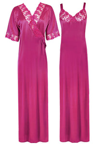 Rose Pink / XL Woman's Satin Nighty With Robe 2 Pcs Set The Orange Tags